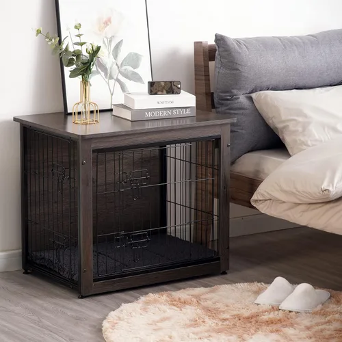 Miniatura 5 de DWANTON Mueble de jaula para perros con cojín, mesa de madera para perros con puertas dobles, casa de perro de interior, tamaño pequeño, mediano