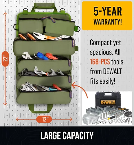 Miniatura 4 de CRAFT911 Organizadores de bolsas de herramientas duraderas con 6 bolsas de herramientas desmontables, bolsa enrollable pequeña Organizador de Verde