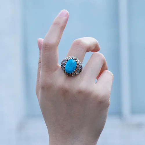 Miniatura 9 de AROTOROM Retro Turquoise Ring for Men in 925 Sterling Silver Oval Sky Blue Stone Ring Life Track Significance Turkish Handmade Engraved Silver Ring
