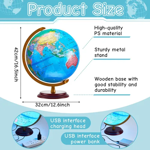 Miniatura 2 de Amylove Globo mundial iluminado de 13 pulgadas para adultos, rotación de 720°/360°, globo iluminado para niños con soporte, mapa del mundo para luz
