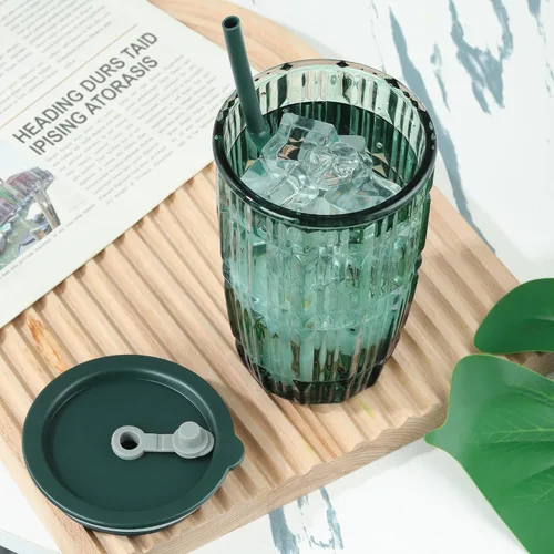 Miniatura 4 de Joeyan Vaso verde de 14.5 onzas con tapa y pajita, tazas de vidrio para café helado a rayas, tarro de té de batido de color, bebidas portátiles