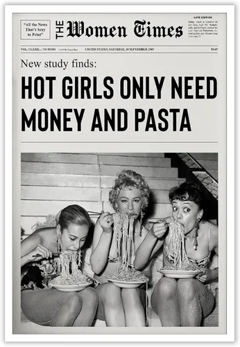 Arte de pared vintage de periódico blanco y negro para niñas, comida de chica caliente, pasta italiana, pósteres divertidos para habitación de Negro