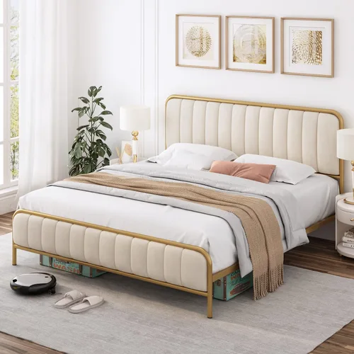 Miniatura 3 de HITHOS Base de cama tamaño individual con cabecera tapizada con botones, base de colchón de metal resistente con listones de madera, fácil