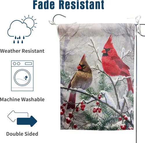 Miniatura 4 de Banderas de jardín de cardenal rojo de invierno para Navidad, para exteriores, 12x18, doble cara, pájaros rojos en la rama de un árbol, bandera
