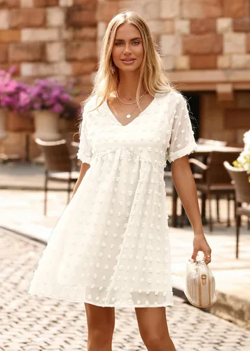 Miniatura 4 de KIRUNDO Vestido corto de manga corta de verano para mujer, vestido casual, suelto y con un cuello en V sexy, vestido holgado de punto suizo