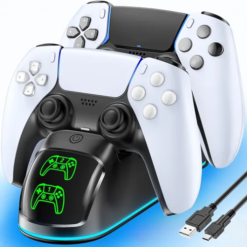 Rysker Cargador de Controlador para PS5, Estación de Carga Dual para PlayStation 5 Dualsense y Edge con Luz RGB, Estación de Carga Rápida de Negro