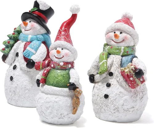 Miniatura 4 de Hodao Juego de 3 figuras de muñeco de nieve, adornos navideños de resina pintados a mano, decoración interior del hogar para repisa, estante