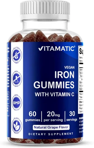 Vitamatic Suplemento de gomitas de hierro para mujeres y hombres, porción de 20 mg, 60 gomitas veganas, vitaminas de gomitas de hierro de gran sabor