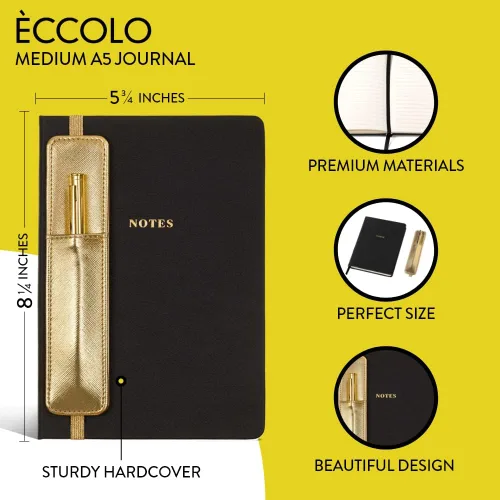 Miniatura 3 de WORLD TRAVELER Eccolo - Diario mediano con bolígrafo, cuaderno A5 de tapa dura negro y dorado con 256 páginas marfil, soporte para bolígrafo