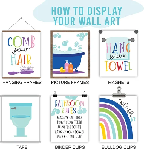 Miniatura 5 de Hadley Designs 6 impresiones artísticas reversibles para niños y niñas, arte de pared de 8 x 10 pulgadas, decoración de baño para niños, decoración