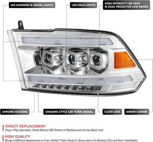 Miniatura 2 de DNA MOTORING Par de faros LED compatibles con Ram 1500 2500 3500 13-18, luces de proyector de haz alto y doble bajo, LED Switchback, cromado