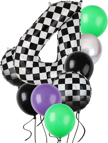 Miniatura 6 de Paquete de globos de auto de carreras azul y negro de 40 pulgadas, globo de números a cuadros 2 en blanco y negro, globos de látex para niños, dos