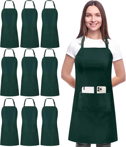 Miniatura 14 de Utopia Kitchen Paquete de 10 delantales ajustables con 2 bolsillos, resistente al agua y al aceite, delantal de chef de cocina para mujeres