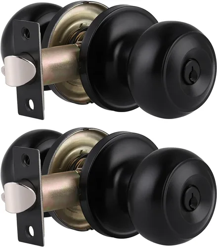 Gobrico Paquete de 2 pomos para puerta exterior con llave negra mate, pomo de puerta de entrada, cerraduras de puerta de bola plana con la misma
