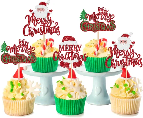 Miniatura 14 de 24 piezas de adornos para cupcakes de Navidad dorados verdes y rojos con purpurina, Papá Noel, árbol de Navidad, adornos para cupcakes para el tema