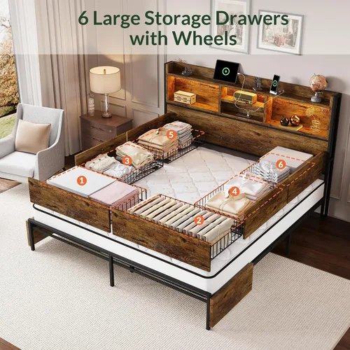 Miniatura 3 de LARMACE Base de cama tamaño Queen con 6 cajones de almacenamiento y cabecero, plataforma de madera con luces LED y estación de carga, fácil montaje