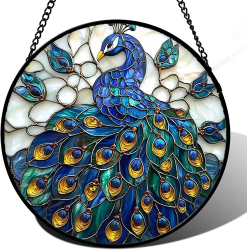 Colgador de vitrales para colgar en la ventana, color azul pavo real, plumas doradas, atrapasoles para puerta, jardín, decoración del hogar,