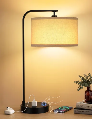Innqoo Lámpara de mesa alta con puerto USB y tomacorriente, lámparas de mesita de noche regulables con pantalla de lino, lámpara de escritorio para