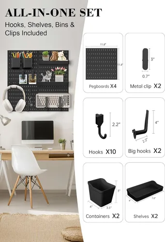 Miniatura 2 de Set de Organizador de Pared con Tablero de Clavijas – 4 Tableros con Ganchos y Estantes – Organizador de Escritorio para Oficina, Cocina, Sala