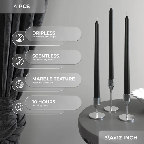 Miniatura 3 de CANDWAX - Velas cónicas de 12 pulgadas, color negro carbón, juego de 4, de combustión lenta, sin aroma, sin humo y sin goteo, perfectas para fiestas