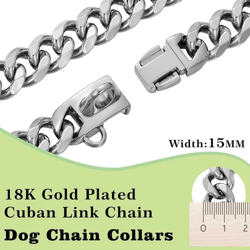 Miniatura 4 de Collares para perros de acero inoxidable plateado y dorado con cierre de seguridad, collar de cadena tipo cubano de 18 quilates para entrenamiento