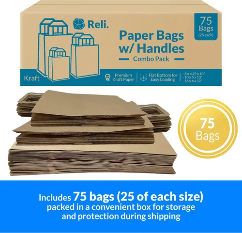 Miniatura 3 de Reli. Bolsas de papel con asas, papel kraft Varios tamaños grandes 75 piezas (25 de cada tamaño) - a granel 8x4.25x10-10x5x13-16x6x12