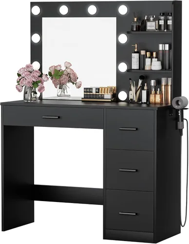 Miniatura 9 de Furmax Escritorio de tocador con espejo iluminado LED y toma de corriente, mesa de tocador de maquillaje con 4 cajones, 3 estantes de almacenamiento
