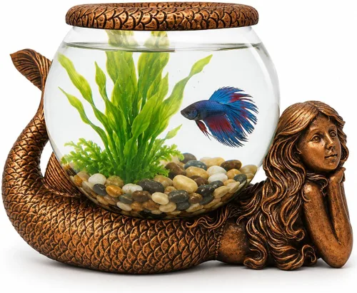 Jarrón Decorativo de Sirena Mística – Acuario de Vidrio de 1 Galón, Terrario o Portavelas | Figura de Sirena Antigua Dorada con Jarrón, Anillo de