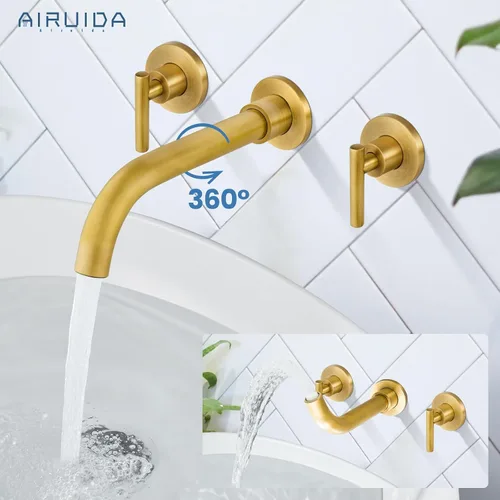 Miniatura 2 de Airuida Grifo de baño montado en la pared de latón antiguo de 3 agujeros, doble manija con boquilla giratoria 360, grifo mezclador de lavabo