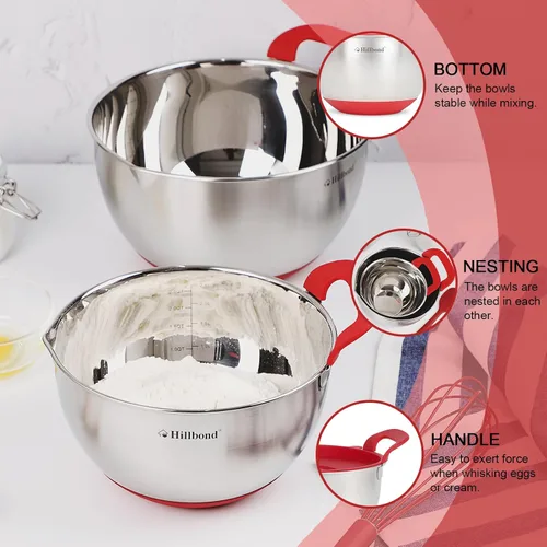 Miniatura 2 de Hillbond Tazones para mezclar con tapas herméticas sin BPA, tazones anidables con pico vertedor, mango de silicona y fondos antideslizantes para Rojo