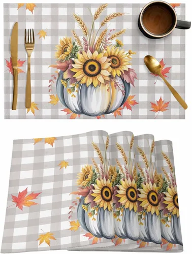 Miniatura 40 de Juego de 4 manteles individuales Boho de otoño, calabazas de acuarela para Acción de Gracias, resistentes al calor, lavables, para mesa, manteles