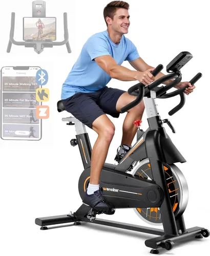Bicicleta estática Wenoker para el hogar, bicicleta de interior compatible con aplicaciones con asiento ajustable y manillar multiagarre, ruedas de