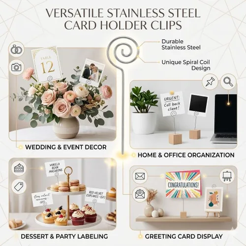 Miniatura 4 de HOHIYA Paquete de 50 tarjeteros florales de 5 pulgadas, clip de fotos de alambre inoxidable para bodas, tarjetas de mesa, números, notas, pasteles