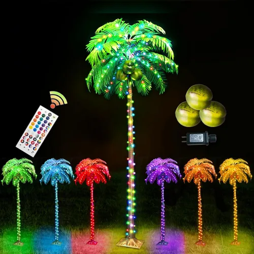 Ledido - Palmera artificial iluminada de 5 pies, colorida con 3 cocos, 144 luces LED, para exteriores, con control remoto, impermeable, regulable,
