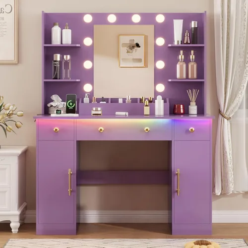 HUANLEGO Escritorio de tocador con espejo y luces, tocador de maquillaje con espejo y luces LED y toma de corriente, 3 cajones y armarios, 3 modos