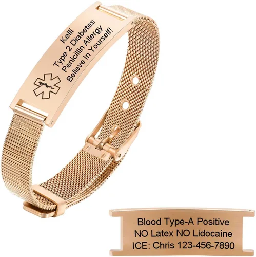 Miniatura 14 de Pulseras personalizadas de alerta médica para hombres, mujeres y niños, grabado gratuito, malla de acero inoxidable ajustable, pulsera