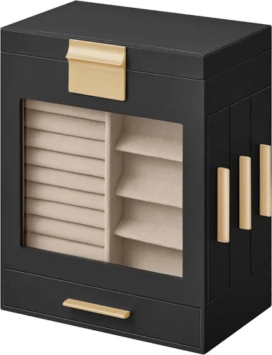 Miniatura 8 de SONGMICS Joyero con ventana de cristal, organizador de joyas de 5 capas con 3 cajones laterales, almacenamiento de joyas, con espejo grande