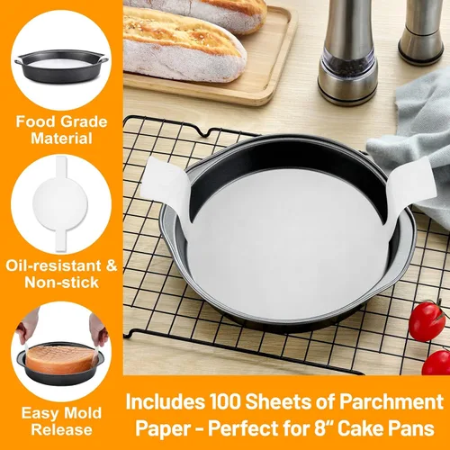 Miniatura 4 de Molde para pasteles de 8 pulgadas, 3 moldes redondos de acero al carbono con 100 piezas de papel pergamino, antiadherente y fácil de desmoldar, no 3