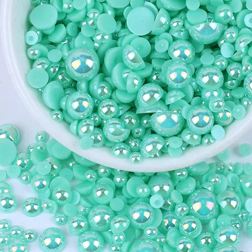 Miniatura 16 de Perlas con parte trasera plana para manualidades, 50g Mezcla Azul Rosa Blanco Medias perlas para manualidades, Tamaño mixto 3/4/5/6/8/10mm Perlas