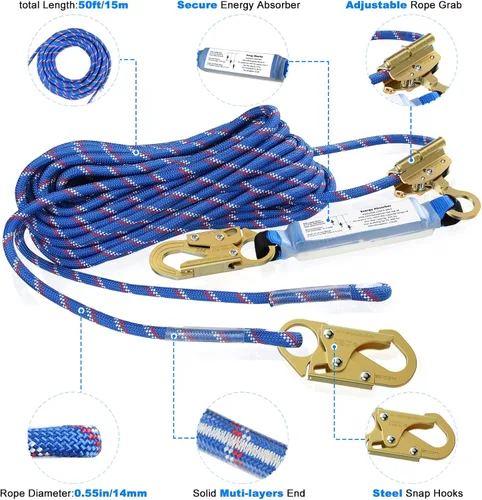 Miniatura 6 de Conjunto vertical de cuerda de vida de 25 pies, cuerda de protección contra caídas con dos ganchos de agarre de cuerda, amortiguador