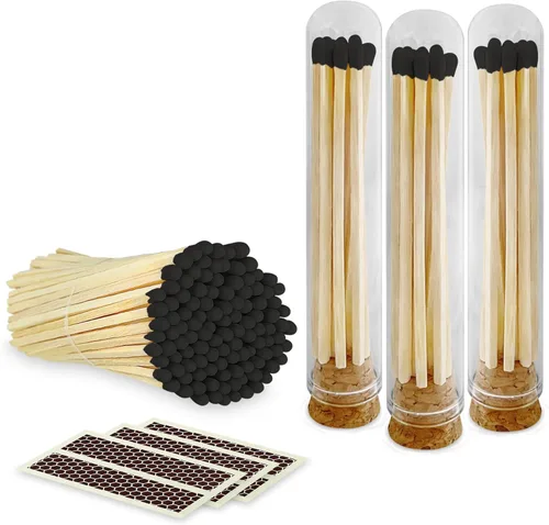 Miniatura 10 de Cerillas negras de 4 pulgadas + calcomanías de golpeador incluidas 300 coincidencias decorativas de seguridad de punta negra Cerillas largas