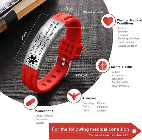 Miniatura 33 de OPALSTOCK Pulseras médicas personalizadas de silicona ajustable para identificación de emergencias, grabado gratuito, 9 pulgadas, resistente al