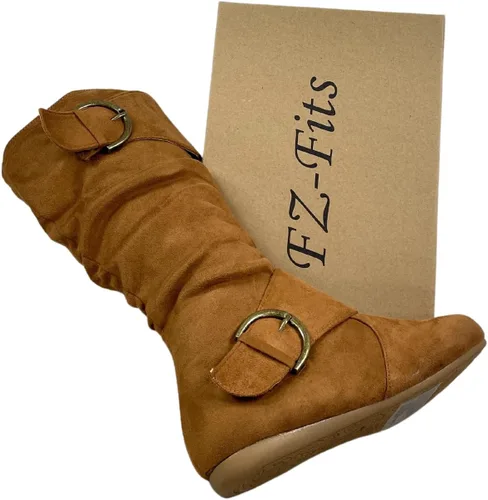 Miniatura 7 de FZ-Fits Botas de media pantorrilla con hebilla de punta redonda cerrada y hebilla lateral con cremallera lateral para mujer