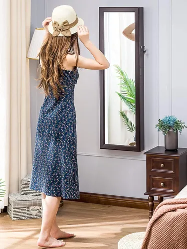 Miniatura 2 de Luxfurni - Joyero con espejo y 79 luces LED, gabinete para colgar en la pared o en la puerta, organizador con cerradura y cajones - Marrón
