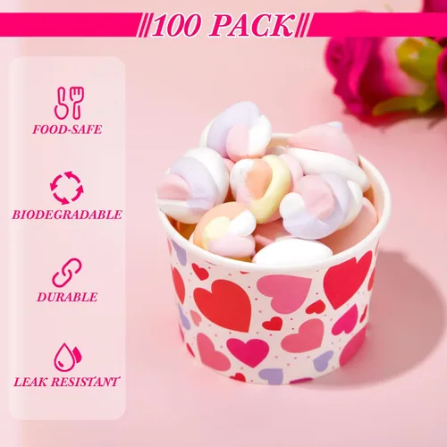 Miniatura 4 de Shellwei 100 cuencos de papel de helado para el día de San Valentín de 9 onzas a granel, tazas de aperitivos con corazón rojo, tazones de postre