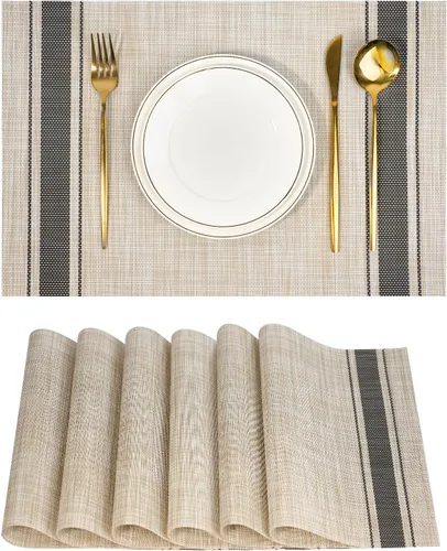 Miniatura 25 de Juego de 6 manteles individuales, antideslizantes, tejido de PVC, fáciles de limpiar, resistentes al calor, para cocina, comedor, decoración Beige