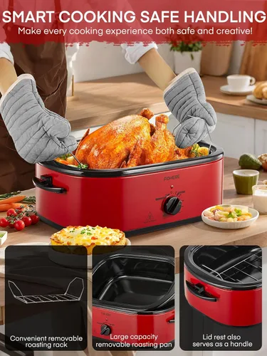 Miniatura 4 de FOHERE Horno asador eléctrico de 26 cuartos de galón con tapa visible y autofundante, tostador grande de pavo con función de descongelación y calor