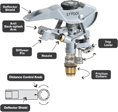 Miniatura 3 de STYDDI Cabezal de rociador de impacto de metal, cabezal de rociador de agua pulsante de aleación de zinc con rosca NPT de 1/2 pulgada, cabezal