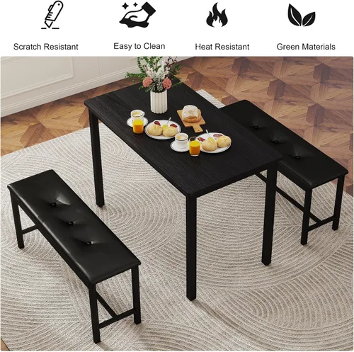 Miniatura 5 de Juego de mesa de comedor para 4, mesa de cocina con 2 bancos, muebles de comedor de madera de 3 piezas, juegos de sillas de comedor para rincón