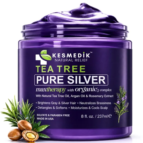 KESMEDIK Máscara para el cabello morado de árbol de té, fórmula plateada pura para tonos amarillos cobrizos, acondicionador profundo con árbol de té